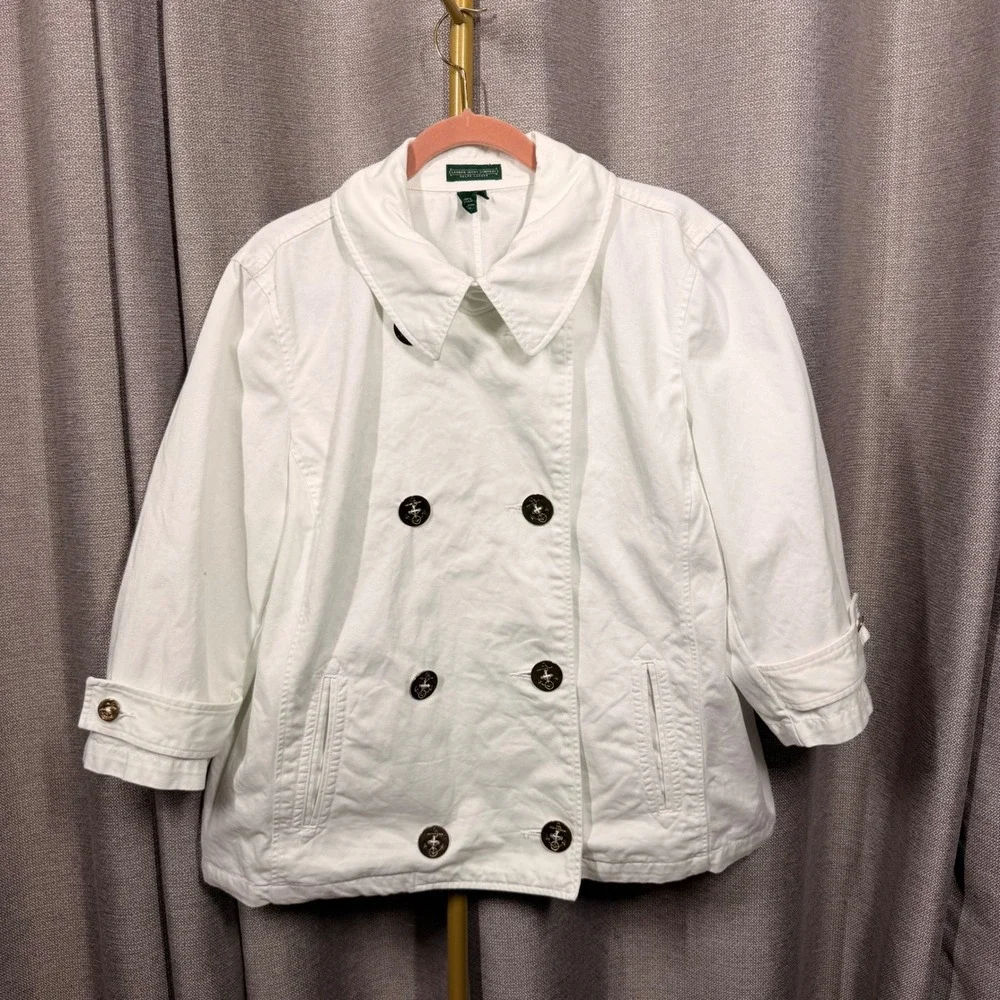Lauren Ralph Lauren‎ White Cotton Twill Pea Coat Nautical Anchor Boat Jacket 2X